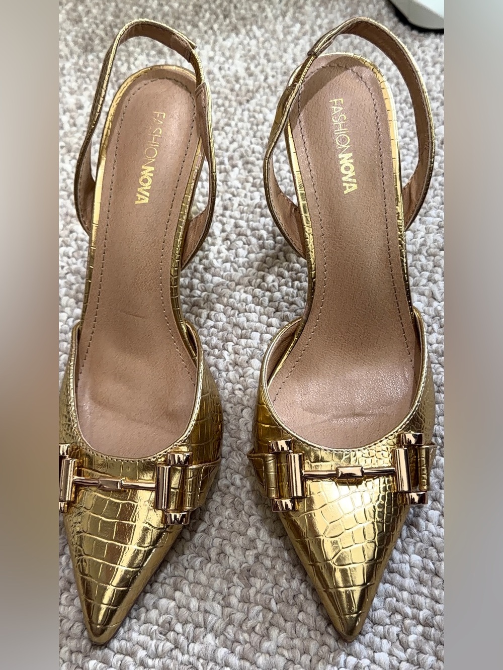 Fashion Nova Metallic Gold Croc-Embossed Pointed Slingback Heels - Picture 4 of 4